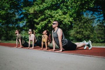 A diverse group of people from Europe and Asia performing yoga stretches outside on a sunny day in a natural setting, focusing on physical fitness and relaxation in harmony with nature.