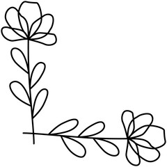 Floral Corner Border with Petal Flowers and Leaves in Black and White Isolated on Transparent Background for Decoration
