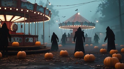 Eerie halloween carnival scene with cloaked figures and pumpkins
