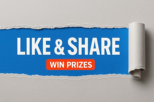 LIKE & SHARE with WIN PRIZES promotional banner, torn paper style, engaging retail contest offer to attract participants.