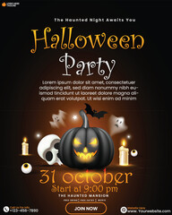 Spooky Happy Halloween party invitation card design template 3D pumpkin, ghost, candle, skull head, and star