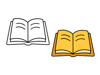 Simple illustration set showing an open book with yellow covers and blank pages, and an outline or coloring page version. Concept for reading, school, education, and learning. Isolated on white.