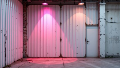 An outdoor setting with a large, unkempt building facade. A garage door is visible on one side of the building