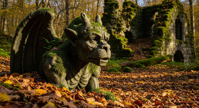 Stone Gargoyle Statue in Autumn Forest Setting. - Powered by Adobe