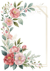 A vibrant floral arrangement featuring pink flowers and green leaves, creating an elegant decorative frame.