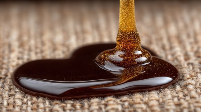 Dark chocolate syrup flows gracefully into a heart shape on a textured fabric background during a food styling session