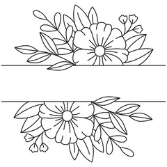 Floral Frame Illustration with Delicate Black Outlines on Transparent Background Featuring Blooming Flowers and Leaves for Elegant Design Projects
