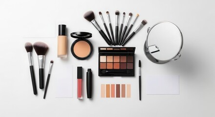 cosmetic_products, makeup_brushes, makeup_palette, makeup_mirror, powder_compact, lipstick, eyeshadow_palette, beauty_products, flat_lay, white_background
