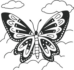 Mysterious butterfly with abstract clouds in detailed line art style isolated on transparent background