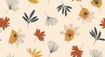 Abstract Mid-Century Modern Seamless Floral Pattern with Stylized Flowers and Leaves in Warm Tones