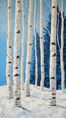 Winter scene with tall birch trees surrounded by a snowy landscape and a dark forest in the background under a clear blue sky