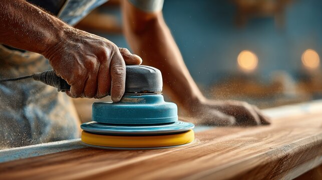 Craftsman uses power sander on wood surface in workshop during afternoon light for a smooth finish