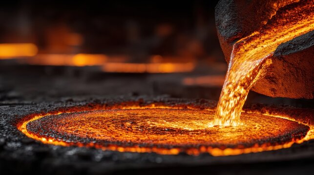 Molten metal flows from a crucible into a circular mold in a foundry at dusk, showcasing the intense process of metal casting and craftsmanship