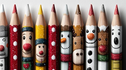 Crayons de couleur décorés en personnages de Noël avec détails peints