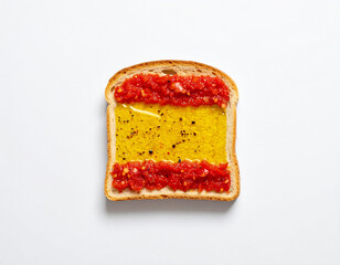 Pan con tomate natural y aceite de oliva virgen sobre fondo blanco, alimento de la gastronomía española y los colores de la bandera de España