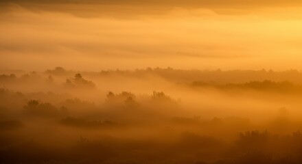 Obraz premium Sunrise Over Forest Canopy with Golden Mist and Sunlight Through Trees