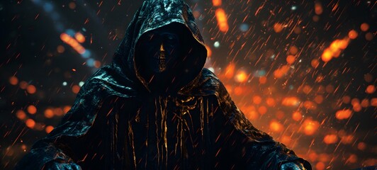 Pointillist grunge design of necromancer grim reaper with abstract dotted pattern,generative AI