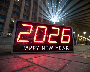 Glowing 2026 digital clock celebrating new year with abstract city lights