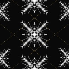Snowflake Lumina – Seamless Snow Crystal Pattern on Black　A seamless snowflake pattern designed in alcohol ink with white and gold tones on a black background. Elegant and luxurious texture perfect fo