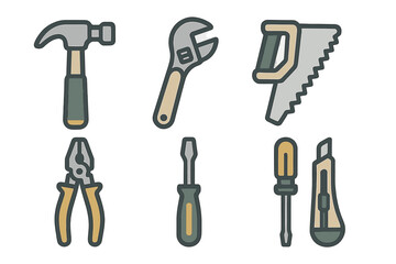 Set of essential construction and repair hand tools including hammer wrench saw and screwdriver