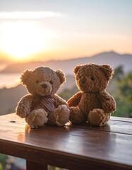 Two teddy bears sit on a wooden table, bathed in the warm light of a sunrise over a scenic vista