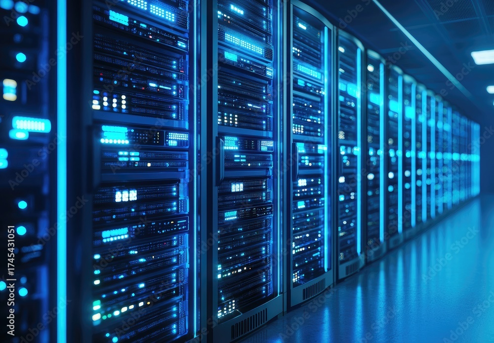 Wall mural modern it data center interior with illuminated blue server racks showcasing advanced network infras