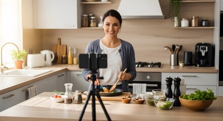 Woman filming cooking tutorial in kitchen with smartphone on tripod