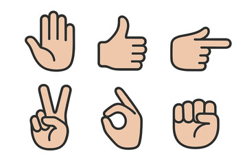 Collection of six common hand gestures: stop, thumbs up, pointing, peace sign, OK sign, and closed fist