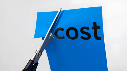 Cutting costs with scissors on a blue piece of paper while focusing on financial savings in a business context