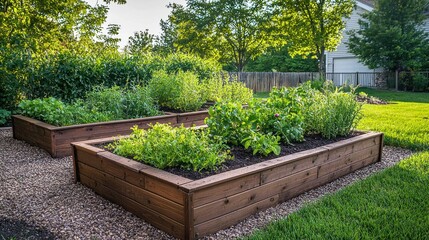Woman planting a variety of herbs in raised garden beds.