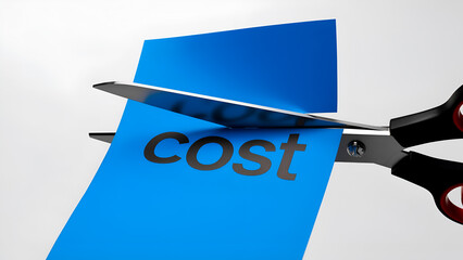 Scissors cutting a blue paper with the word cost printed on it, symbolizing expense reduction and budget management strategies