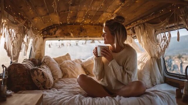 Vanlife Serenity: A moment of pure relaxation and contemplation unfolds as a woman sits peacefully inside a creatively decorated van, sipping from a mug and gazing out into the expansive scenery.