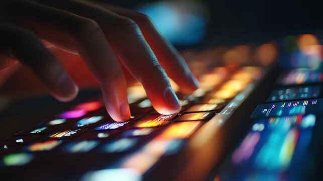 Closeup of a persons fingers typing on a colorful, illuminated keyboard in a dark environment, highlighting technology and digital interaction