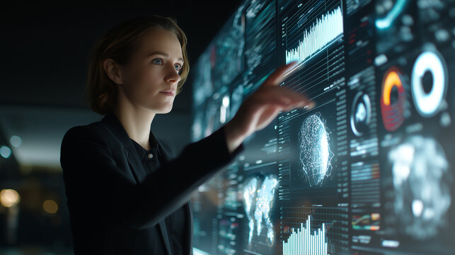 Professional businesswoman analyzing data with holographic charts and AI dashboards
