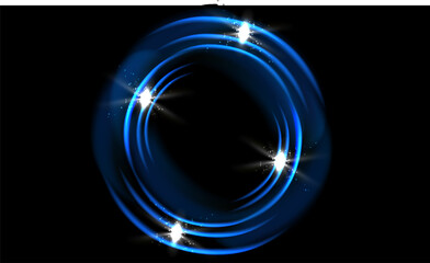 Abstract background of glowing neon lights of white pink colors on circle shaped lines on shiny reflecting stage