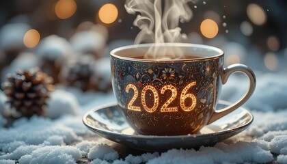 Cup of tea with steam forming the word ‘Love 2026’, cozy winter background with falling snow"