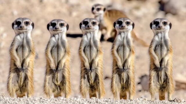 Meerkats standing tall in a desert landscape during daylight
