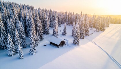 Obraz premium Winter Cabin Snowy Forest Sunset Aerial View.