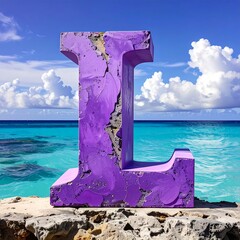 Concrete purple letter L near turquoise water