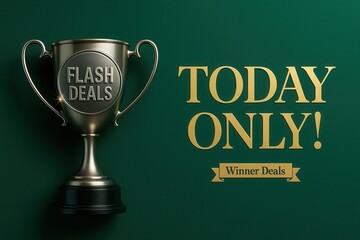 Trophy banner featuring FLASH DEALS and TODAY ONLY! winner deals, elegant glossy finish, compelling retail discount promo.