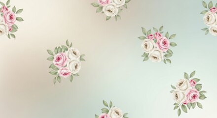 Soft pastel floral pattern with roses and green leaves.