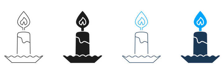 Candle With Flame Line And Solid Icon Set. Illumination, Relaxation, And Spiritual Symbol Collection. Decorative And Aromatic Candlelight Design. Isolated Vector Illustration