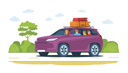 A family with children is traveling in a car. Vector illustration.