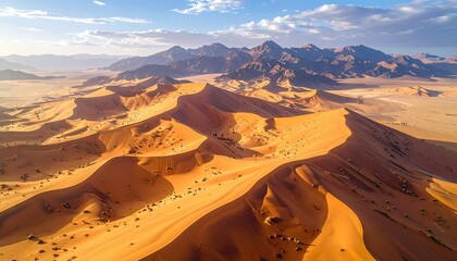 Sweeping aerial view showcases vast desert dunes under a clear blue sky, with warm sunlight illuminating the textured sand.