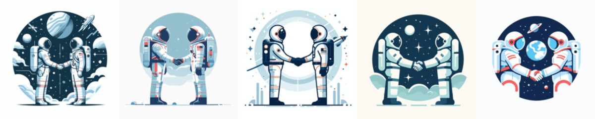 A minimalist flat vector collection celebrating World Space Week, featuring rockets, astronauts, planets, satellites, and space exploration scenes