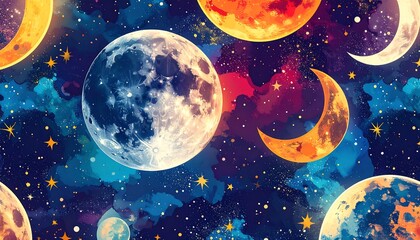 Cosmic pattern with moons, stars, and nebulas
