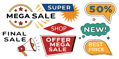 Boost sales with vibrant promotion stickers for your business, featuring mega sale, best price, and new offers to attract customers!