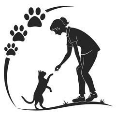 Silhouette of a person training a cat with paw prints in a circular path