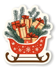 A festive sleigh sticker filled with gifts and pine branches in a playful whimsical style. Soft red and beige tones, flat colors, clean outline, bold lines, and a white border for a cozy Christmas.