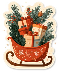 A festive sleigh sticker filled with gifts and pine branches in a playful whimsical style. Soft red and beige tones, flat colors, clean outline, bold lines, and a white border for a cozy Christmas.